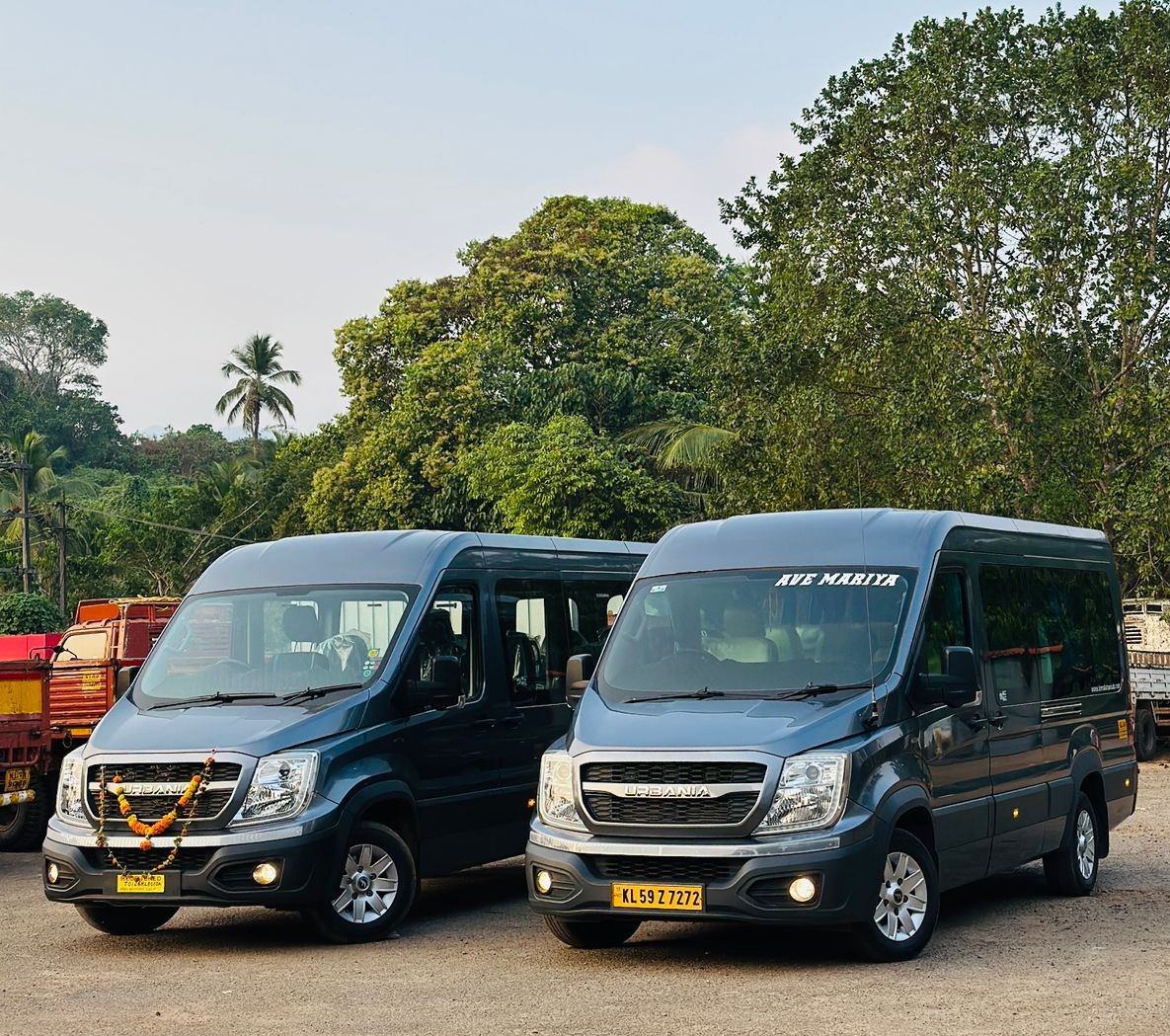 Two Force Urbania vans from the Kerala Taxi Cab fleet parked in Kerala